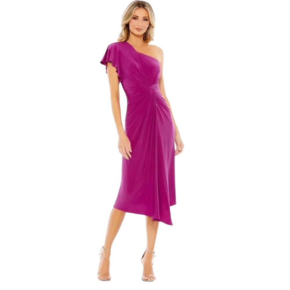 NWT Mac Duggal 12480 Women’s One Shoulder Midi Length‎ Dress Magenta Size 12